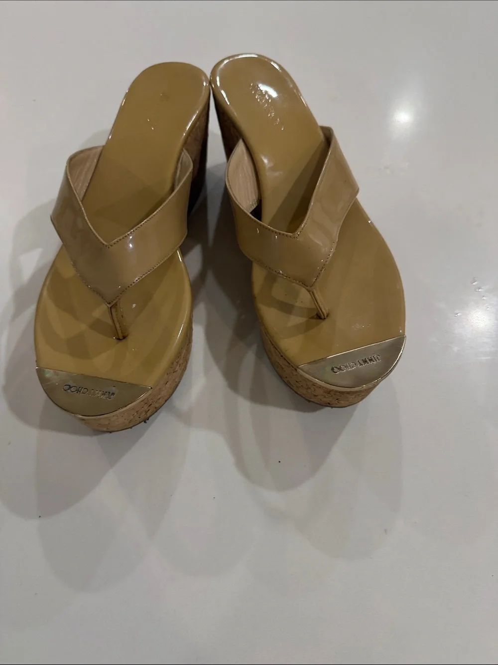 Jimmy Choo Nude Patent Cork Wedge Thongs